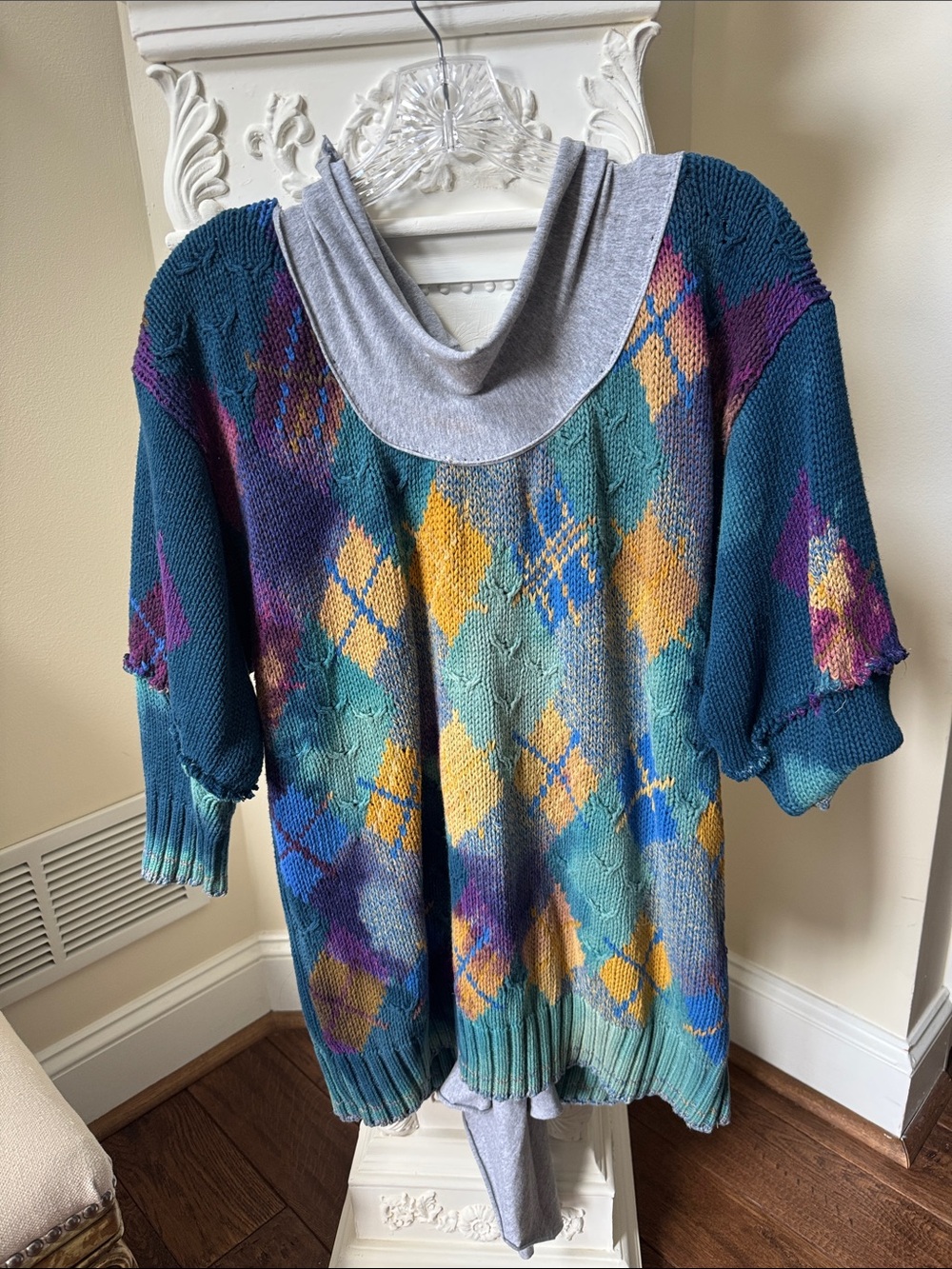 Teal Multi-Color Diamond Cowl Neck Sweater